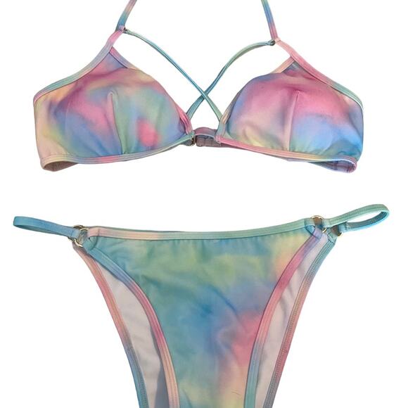 Plumeria Tye Dye 2 pc Bikini Pastel Blues Pinks Size Large Halter String Top NEW - Picture 13 of 14